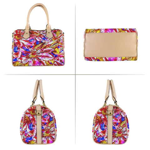 'Clematis' Mini-Boston PU Handbag (Cream Trim)