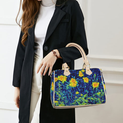 'Wild Poppies' Mini-Boston PU Handbag (Cream Trim)