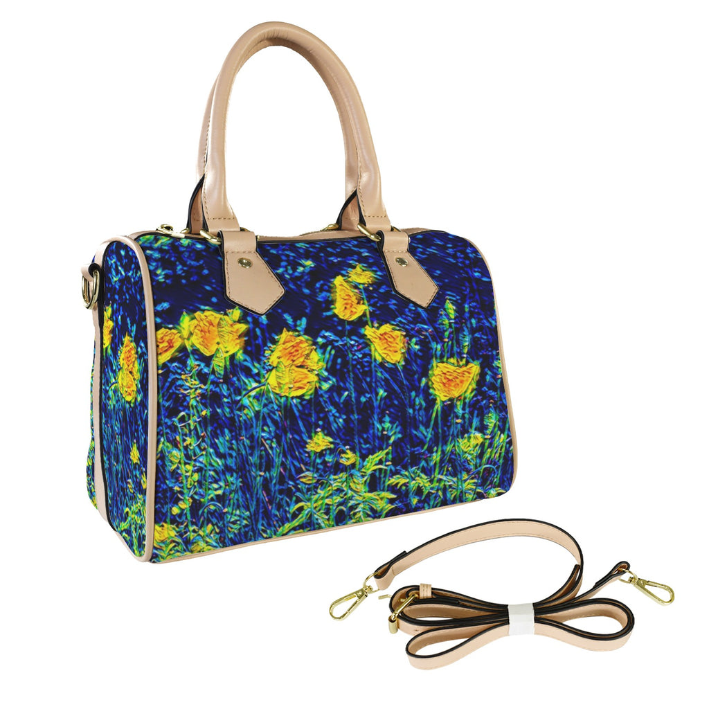 'Wild Poppies' Mini-Boston PU Handbag (Cream Trim)