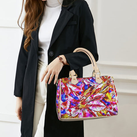 'Clematis' Mini-Boston PU Handbag (Cream Trim)