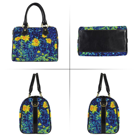 'Wild Poppies' Mini-Boston PU Handbag (Black Trim)