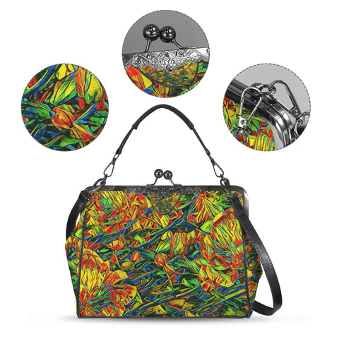 'Peony Citrus' Faux Leather Kisslock Handbag Crossbody