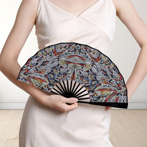 'Clematis Platinum' (Black Edge) Double-Sided Folding Bamboo Fan