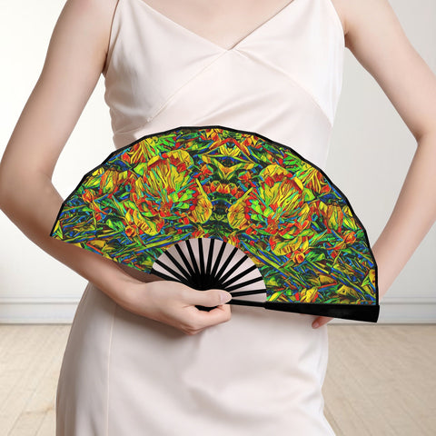 'Peony Citrus' (Black Edge) Double-Sided Folding Bamboo Fan