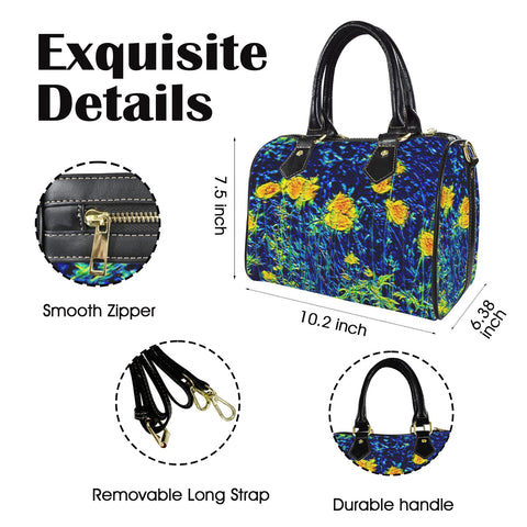 'Wild Poppies' Mini-Boston PU Handbag (Black Trim)