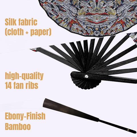 'Clematis Platinum' (Black Edge) Double-Sided Folding Bamboo Fan