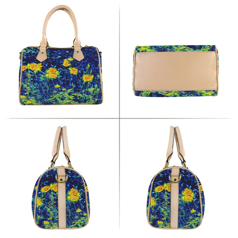 'Wild Poppies' Mini-Boston PU Handbag (Cream Trim)