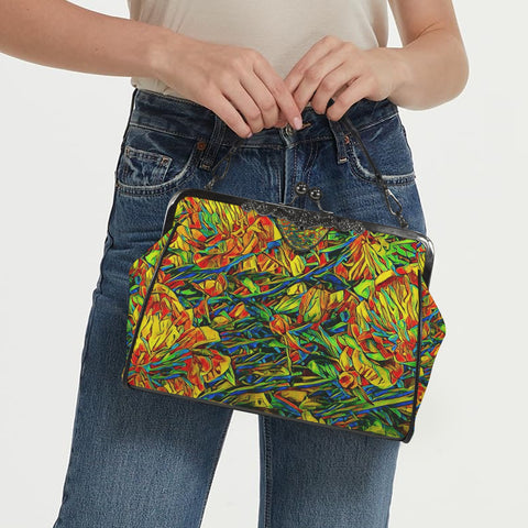 'Peony Citrus' Faux Leather Kisslock Handbag Crossbody