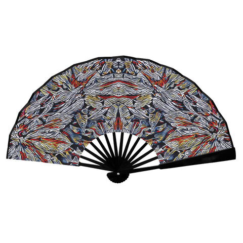'Clematis Platinum' (Black Edge) Double-Sided Folding Bamboo Fan
