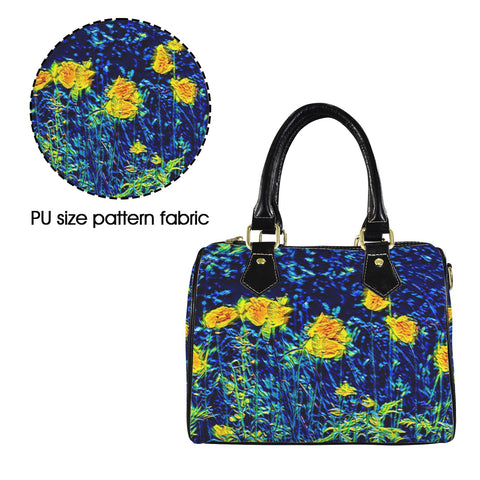 'Wild Poppies' Mini-Boston PU Handbag (Black Trim)