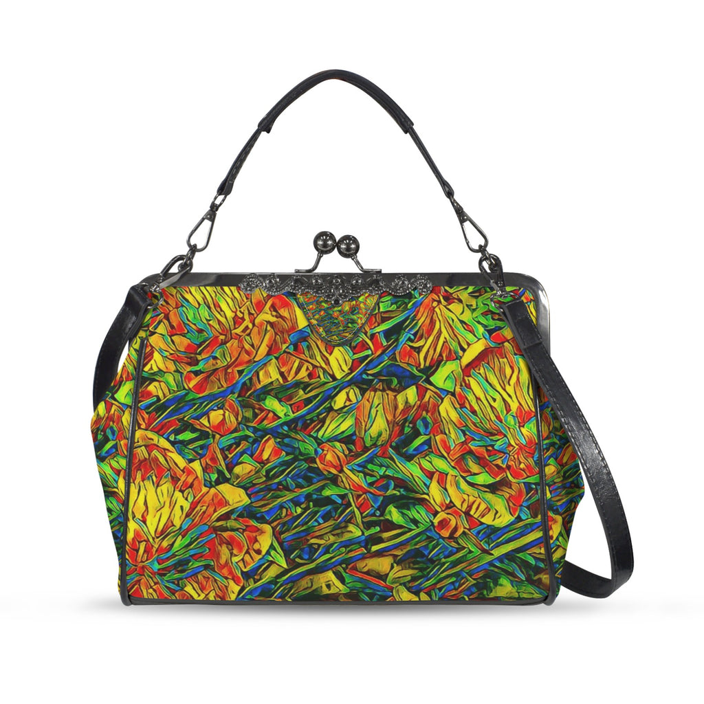 'Peony Citrus' Faux Leather Kisslock Handbag Crossbody